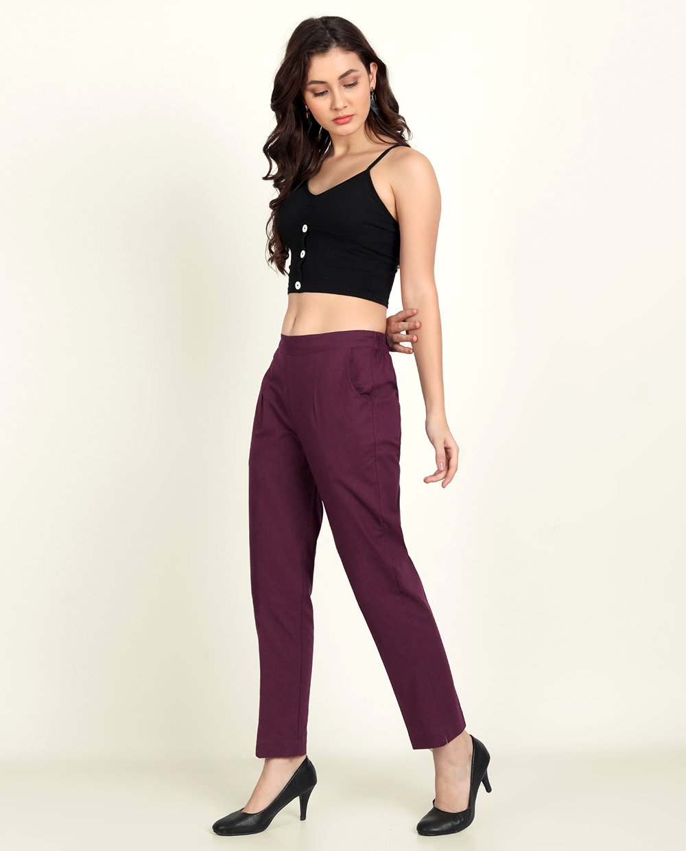 Wine Solid Women Regular Fit Cotton Trouser