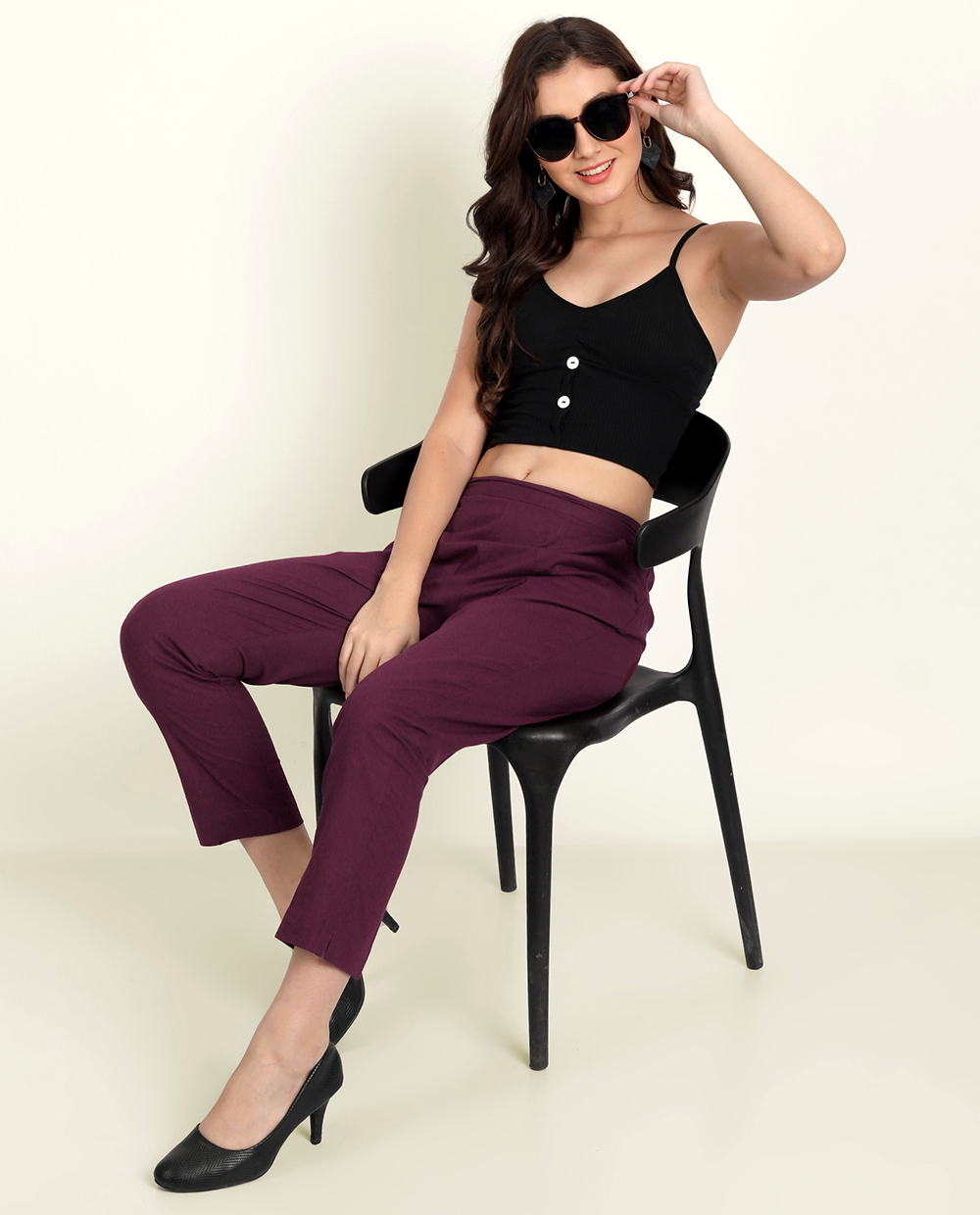  Wine Solid Women Regular Fit Cotton Trouser With Comfort For Women